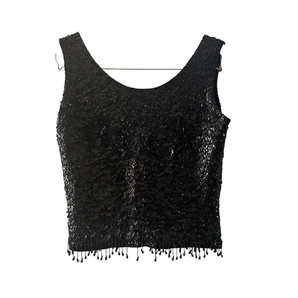 White Front Vintage Black Sequin Beaded Fringe Tank Top | Hand Decorated - Picture 5 of 7